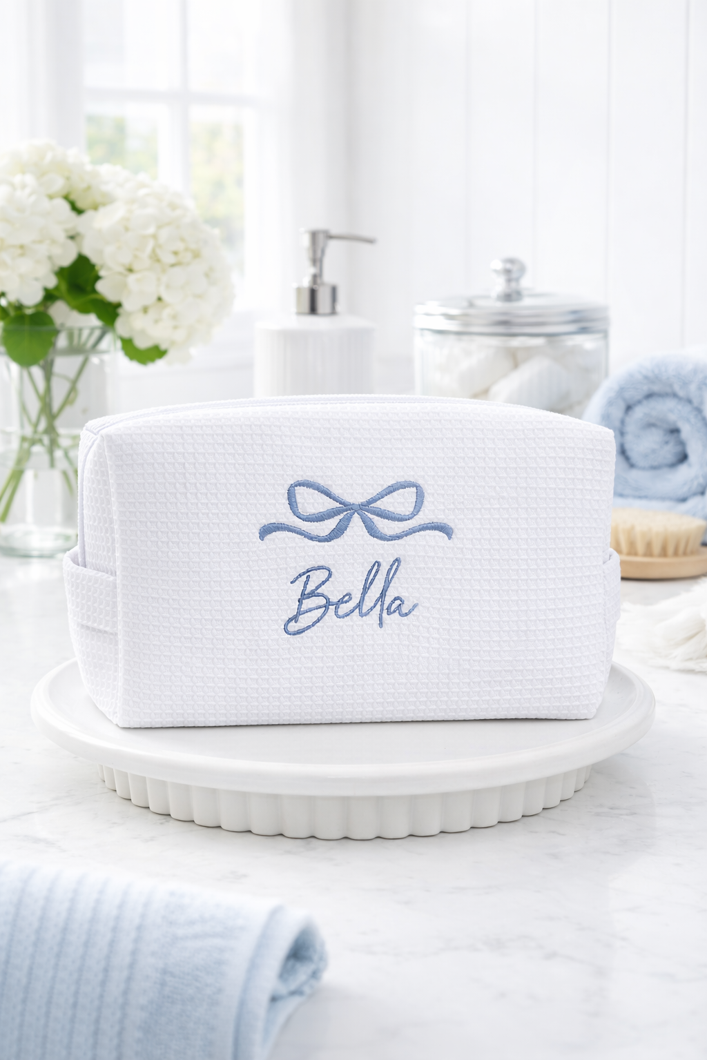 Personalized, custom White Waffle Make Up Bag, birthday gift for mum, brides maids gift