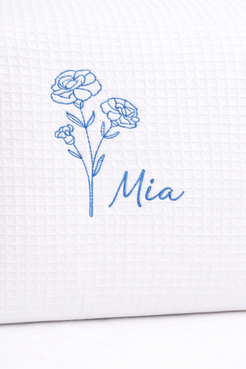 Personalized, custom White Waffle Make Up Bag, birthday flower, birthday gift, bridesmaid gift