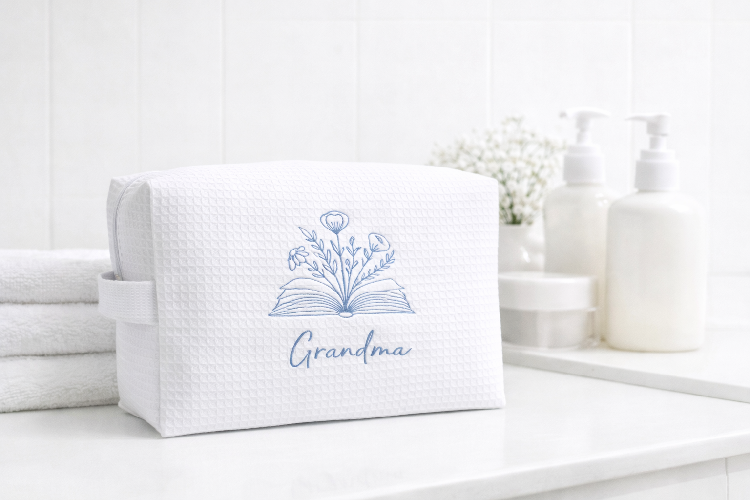 Personalized, custom White Waffle Make Up Bag, mama birthday gifts, mum gifts , grandma gifts, book lover gifts