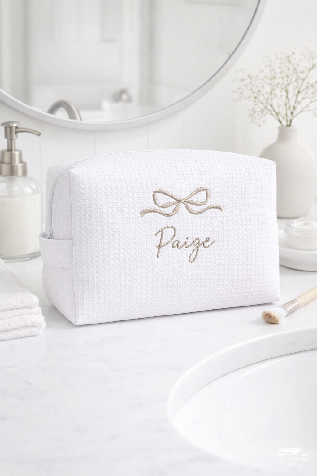 Personalized, custom White Waffle Make Up Bag, birthday gift for mum, brides maids gift,