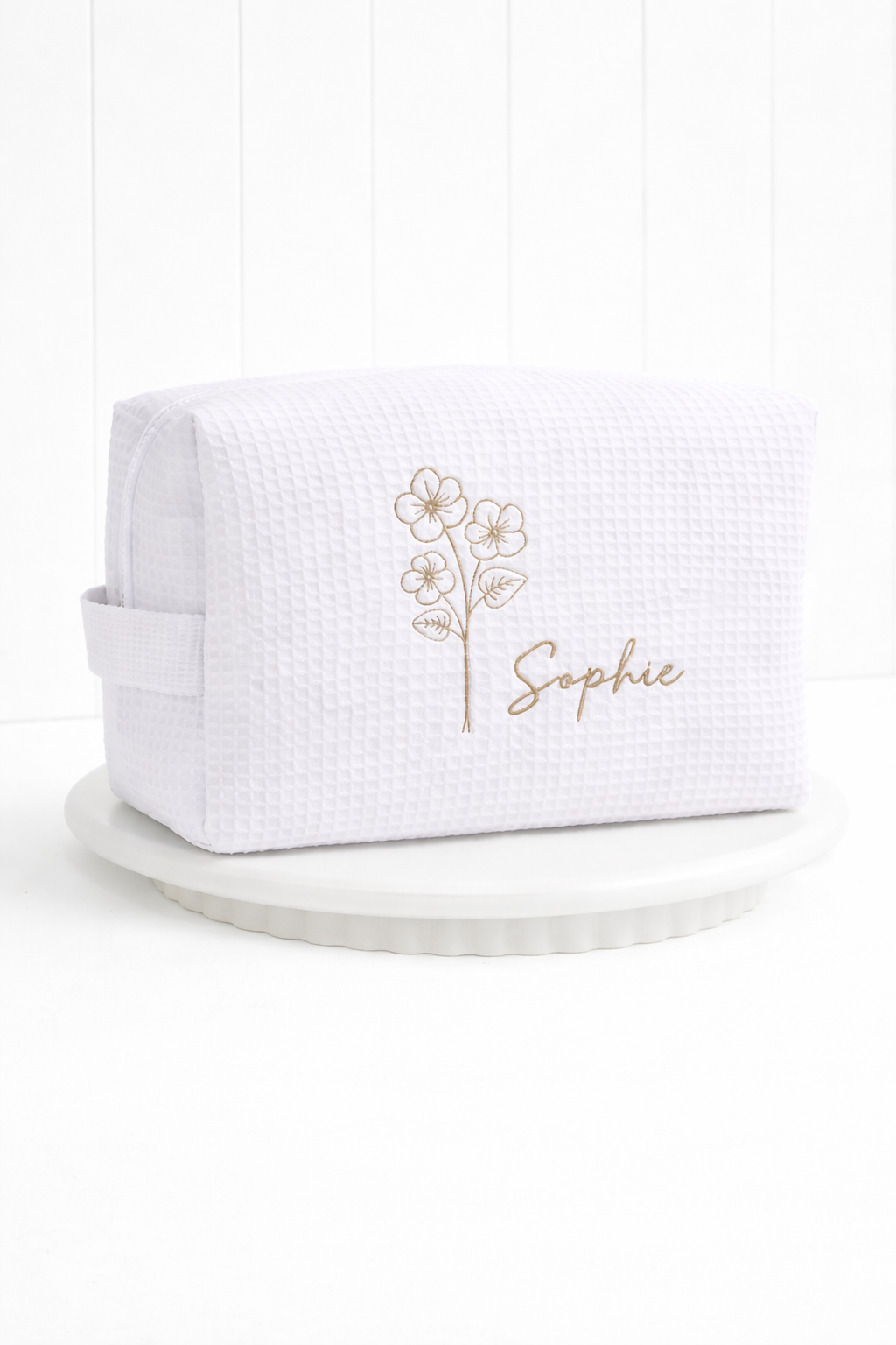 Personalized, custom White Waffle Make Up Bag, birthday flowers, birthday gifts, bridesmaid gifts
