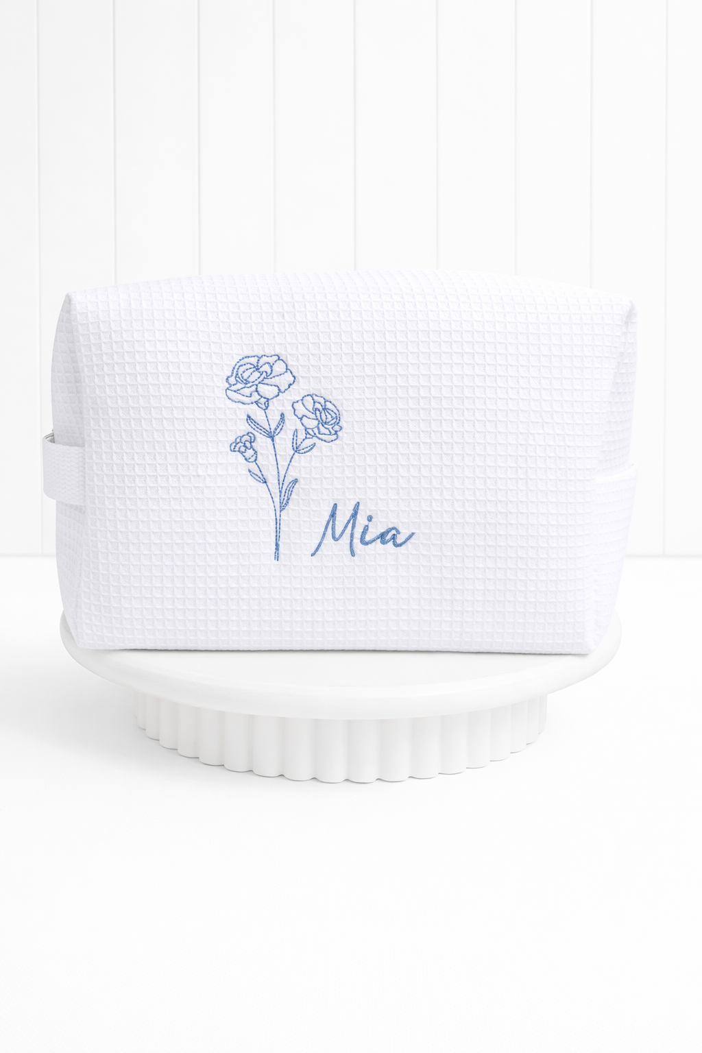 Personalized, custom White Waffle Make Up Bag, birthday flower, birthday gift, bridesmaid gift