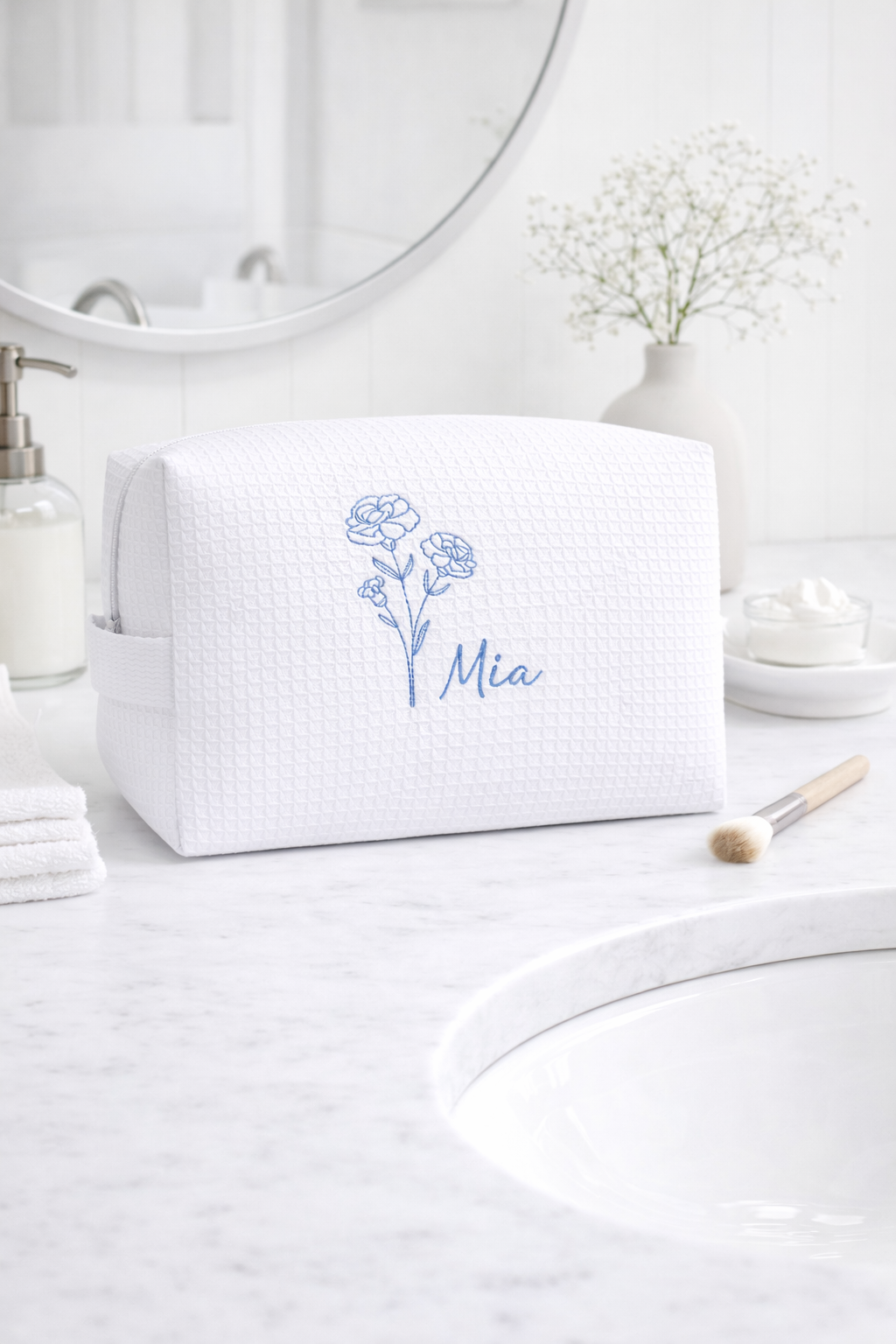 Personalized, custom White Waffle Make Up Bag, birthday flower, birthday gift, bridesmaid gift