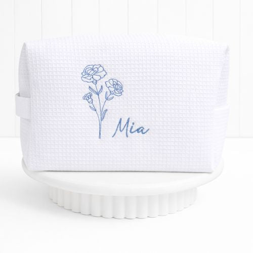 Personalized, custom White Waffle Make Up Bag, birthday flower, birthday gift, bridesmaid gift