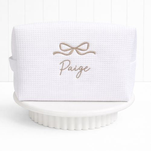 Personalized, custom White Waffle Make Up Bag, bow, birthday gift for mum, brides maids gift,