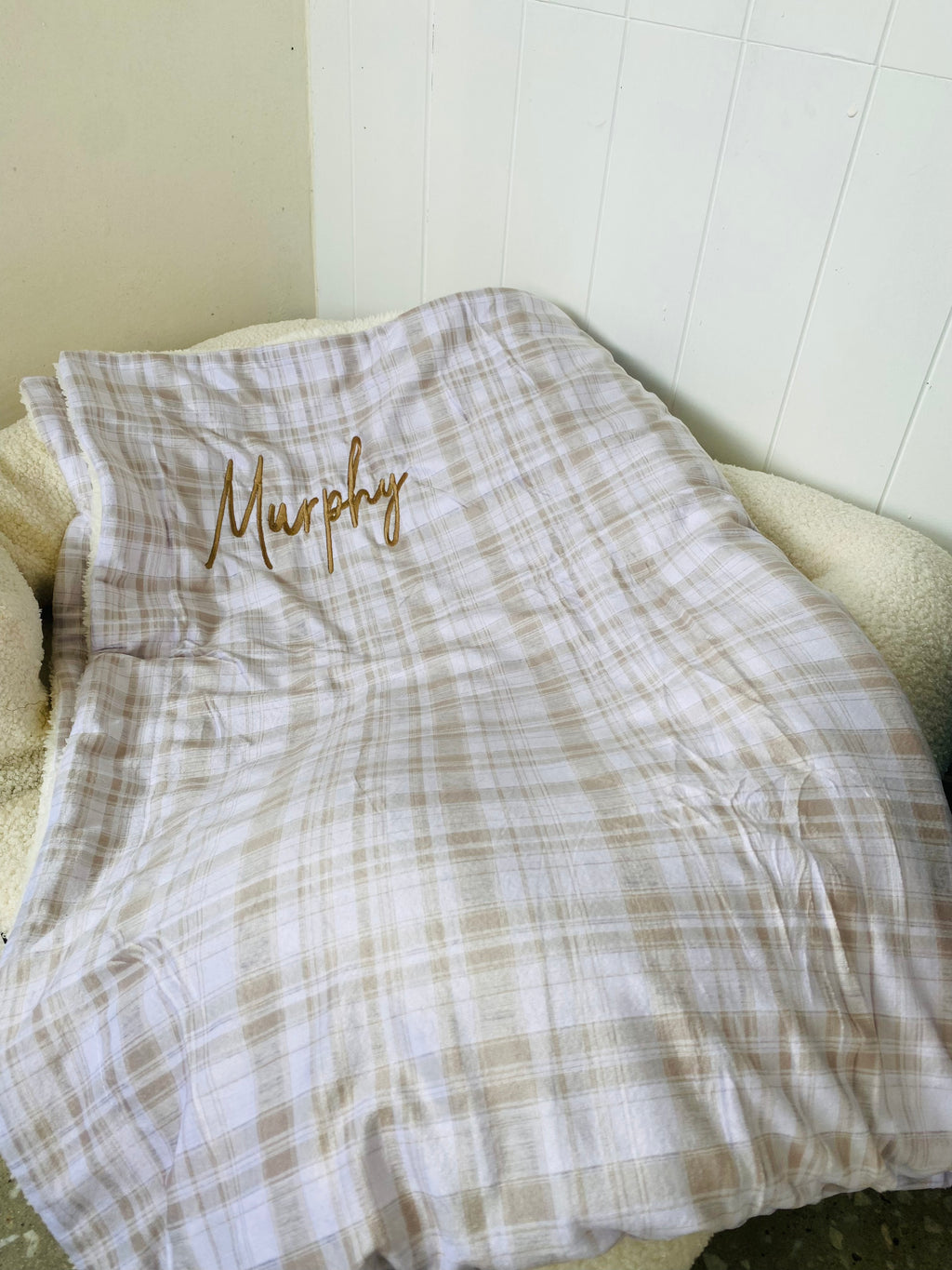 Beige, plaid print custom dog blanket
