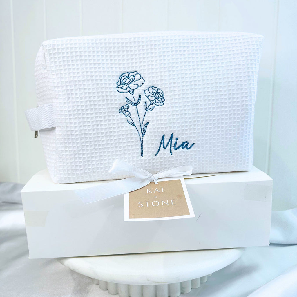 Personalized, custom White Waffle Make Up Bag, birthday flower, birthday gift, bridesmaid gift
