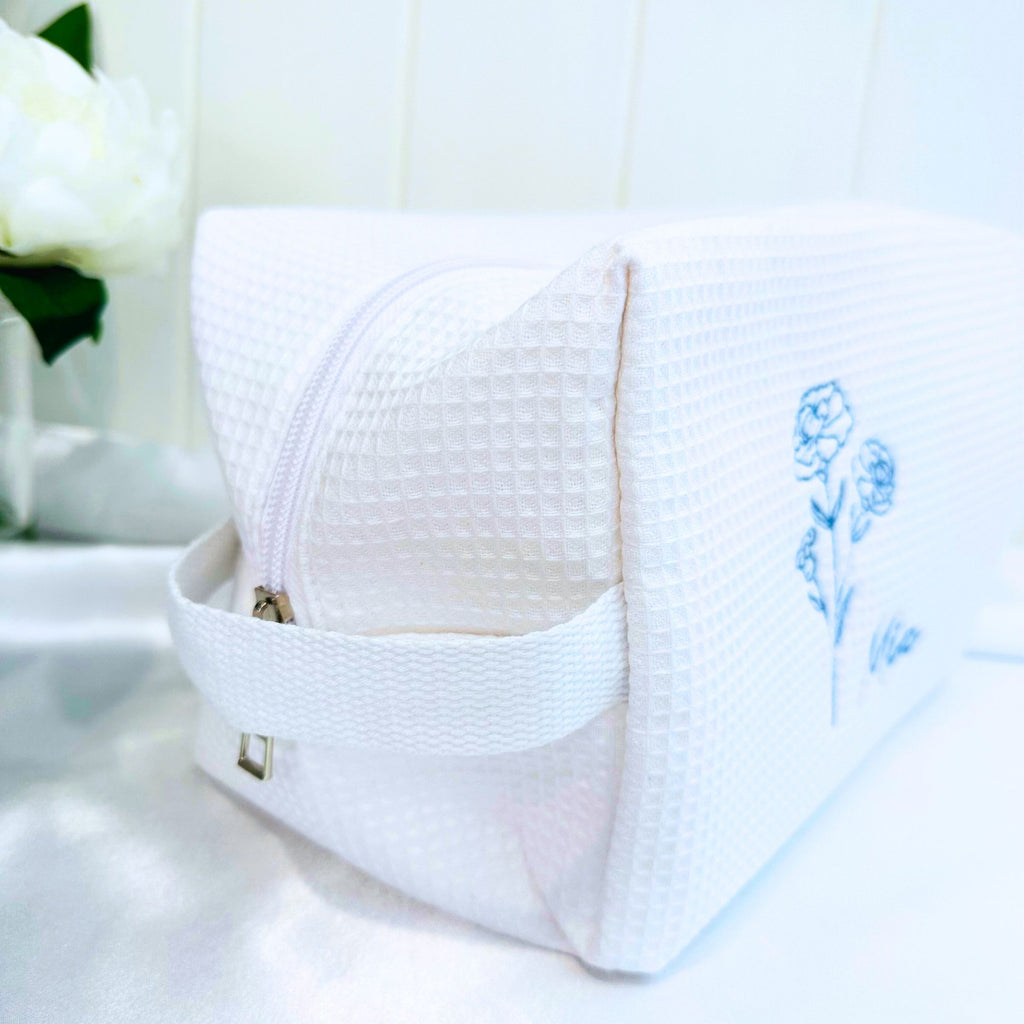 Personalized, custom White Waffle Make Up Bag, birthday flower, birthday gift, bridesmaid gift