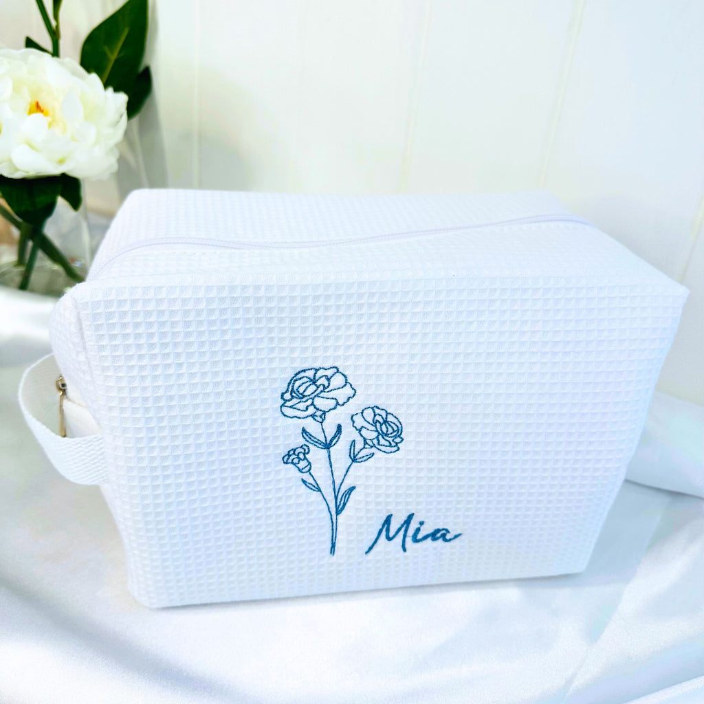 Personalized, custom White Waffle Make Up Bag, birthday flower, birthday gift, bridesmaid gift