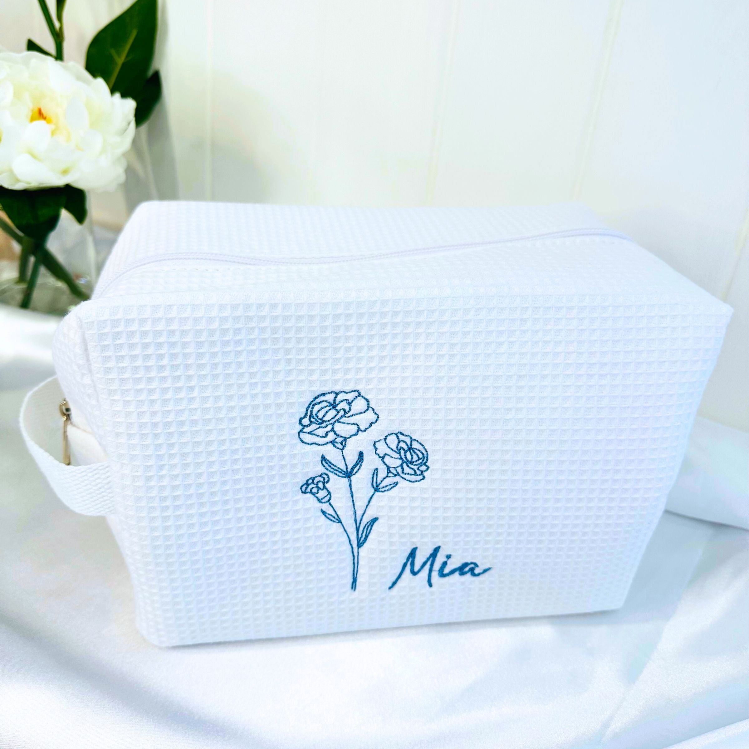 Personalized, custom White Waffle Make Up Bag, birthday flower, birthday gift, bridesmaid gift